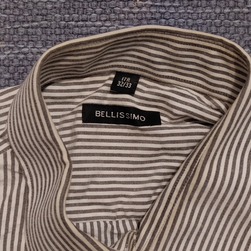 Mens Used Bellissimo Sz 32/33 Casual Dress Button Down Gray/White Stripe Shirt